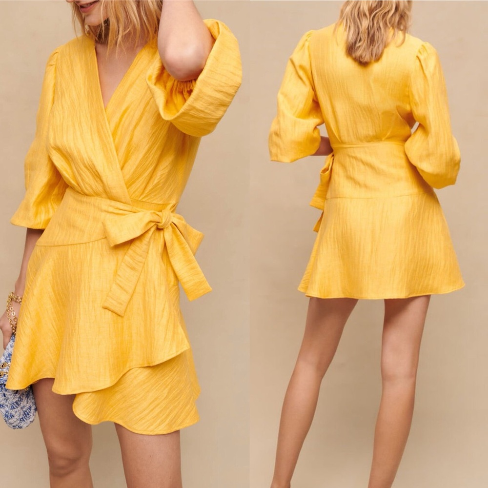 Maje Linen Wrap Dress With Tie Yellow Size 38 Or US Size Medium